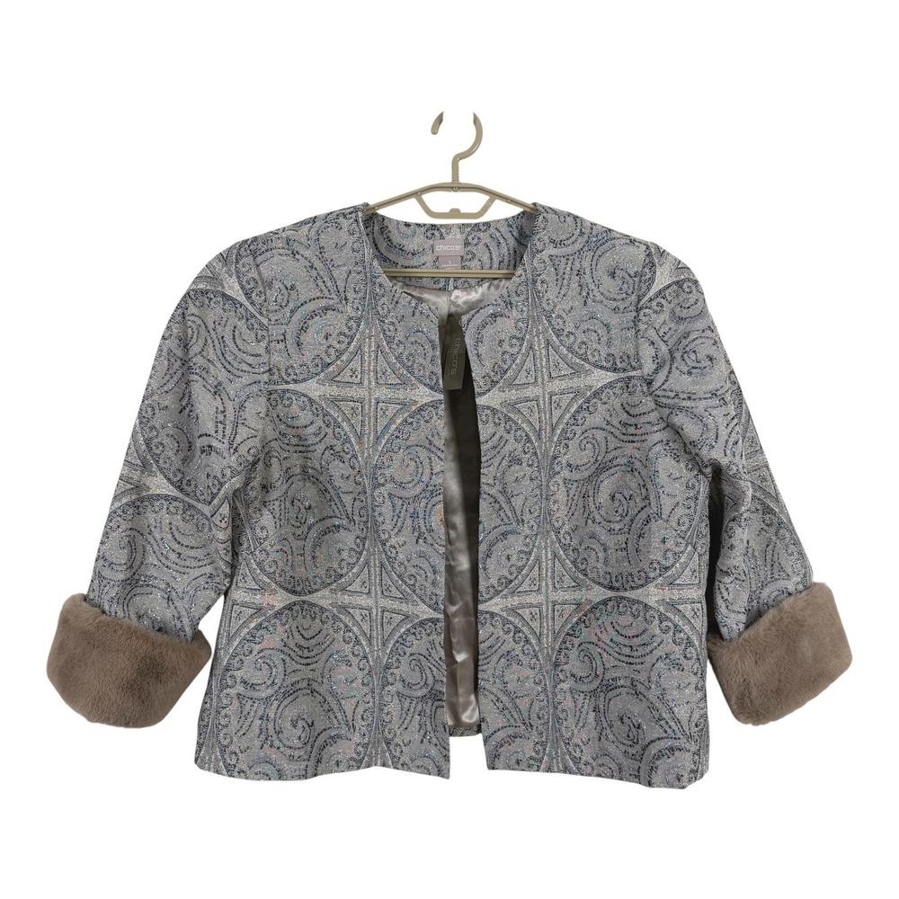 Chico's Women Jacquard Jacket Size 3 (US 16/18) Faux Fur Removable Cuffs Party